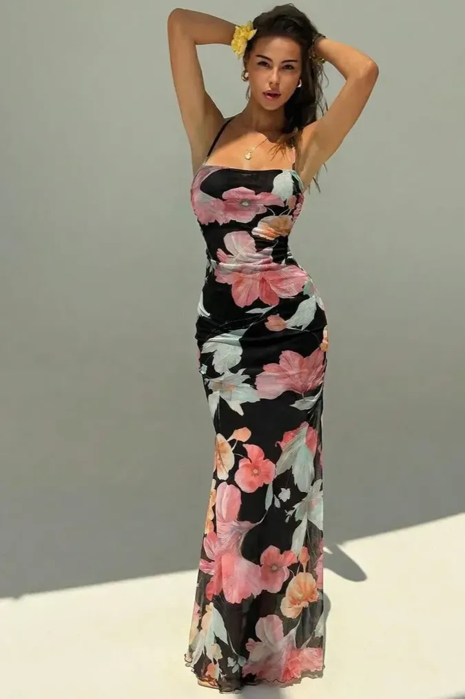 Black Backless Floral Maxi Dress - Image 1