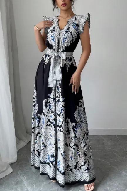 Black Belted Paisley Maxi Dress - Image 1