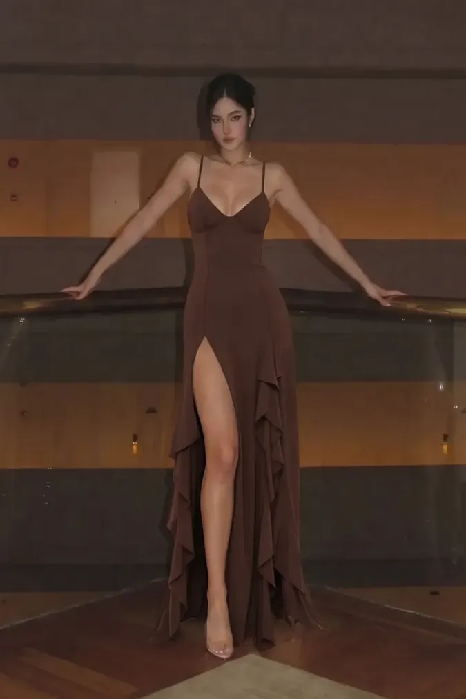 Dark Brown Ruffled Maxi Dress - Image 1