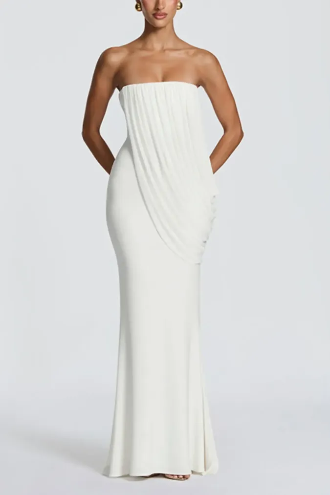 White Draped Mermaid Maxi Dress - Image 1