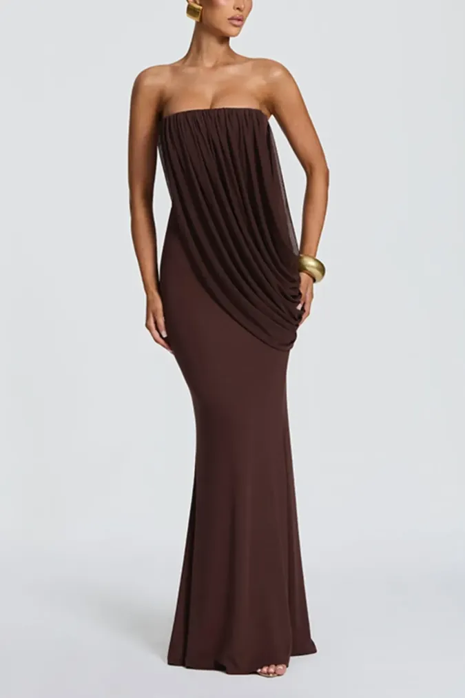 Dark Brown Draped Mermaid Maxi Dress - Image 1