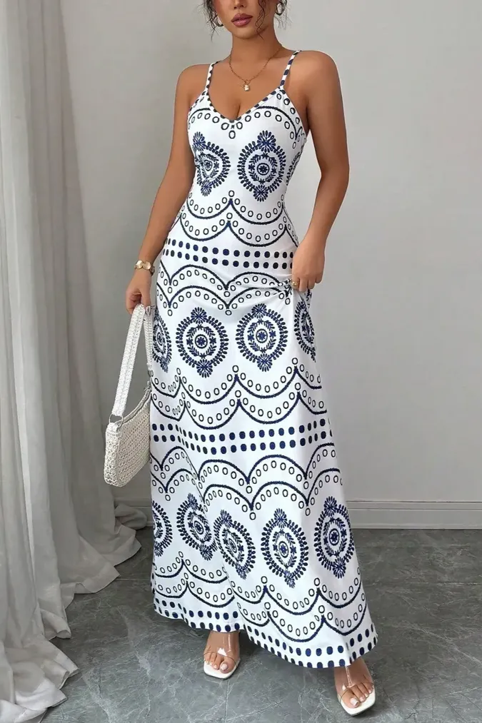 White Geometric V-Neck Maxi Dress - Image 1