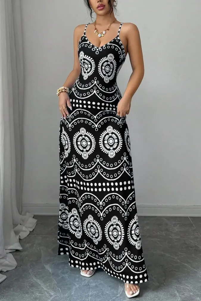 Black Geometric V-Neck Maxi Dress - Image 1