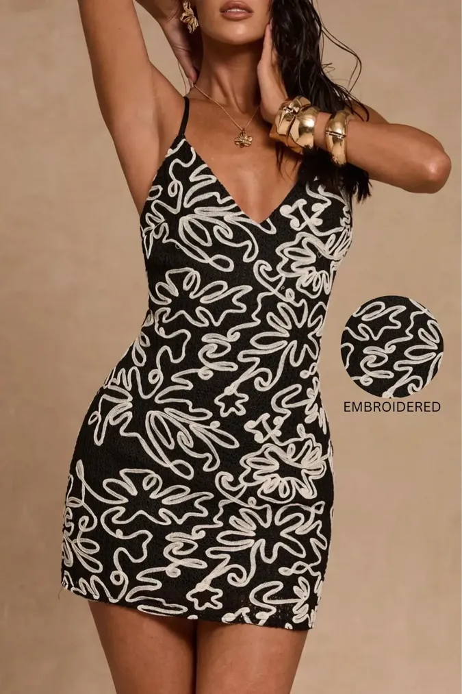 Black V-Neck Embroidered Mini Dress - Image 1