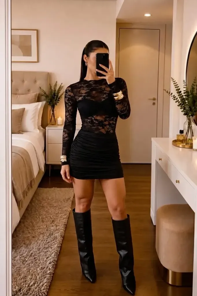 Black Lace Draped Mini Dress - Image 1