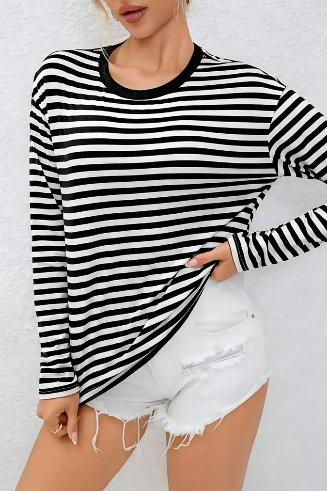 Black Striped Crew Neck T-Shirt - Image 1