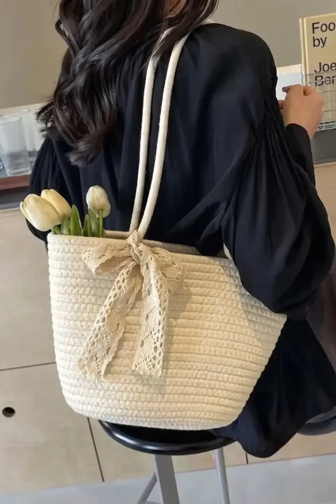 Off White Textured Ribbon Tote Bag - Image 1