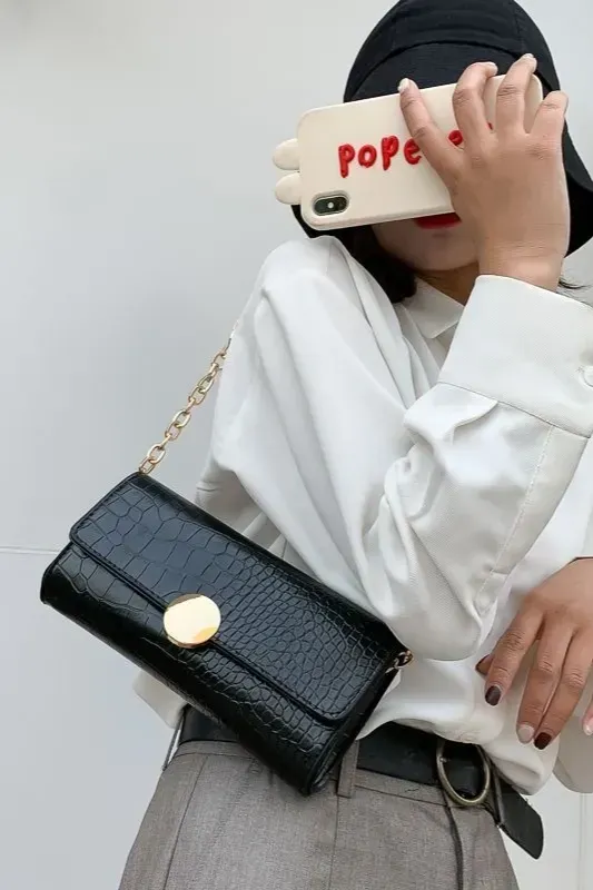 Black Textured Pu Flap Bag - Image 1