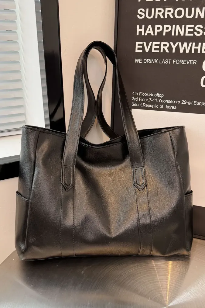 Black Solid Pu Tote Bag - Image 1