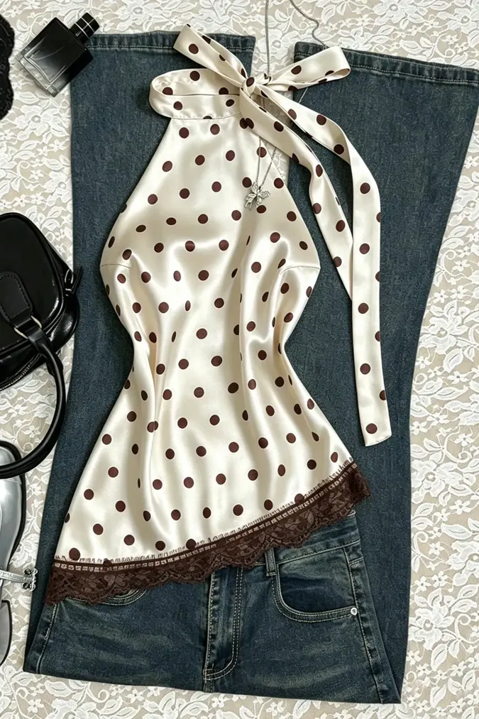 Cream Polka Dot Lace Top - Image 1