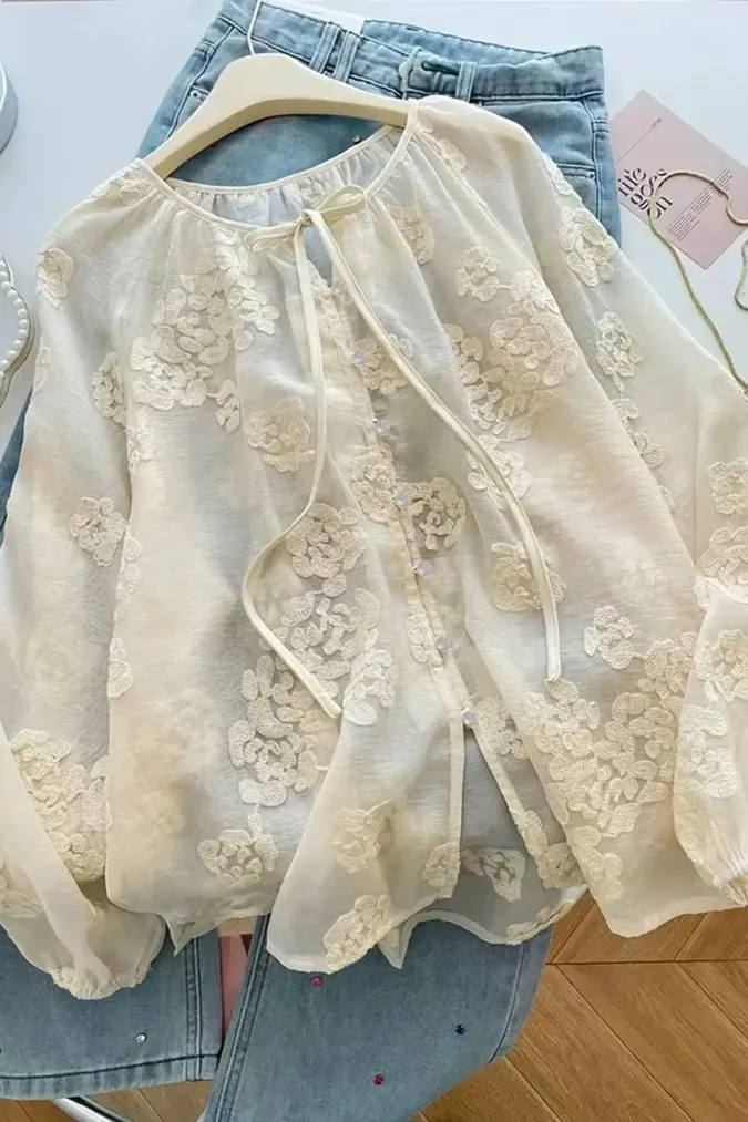 Cream Floral Embroidered Top - Image 1