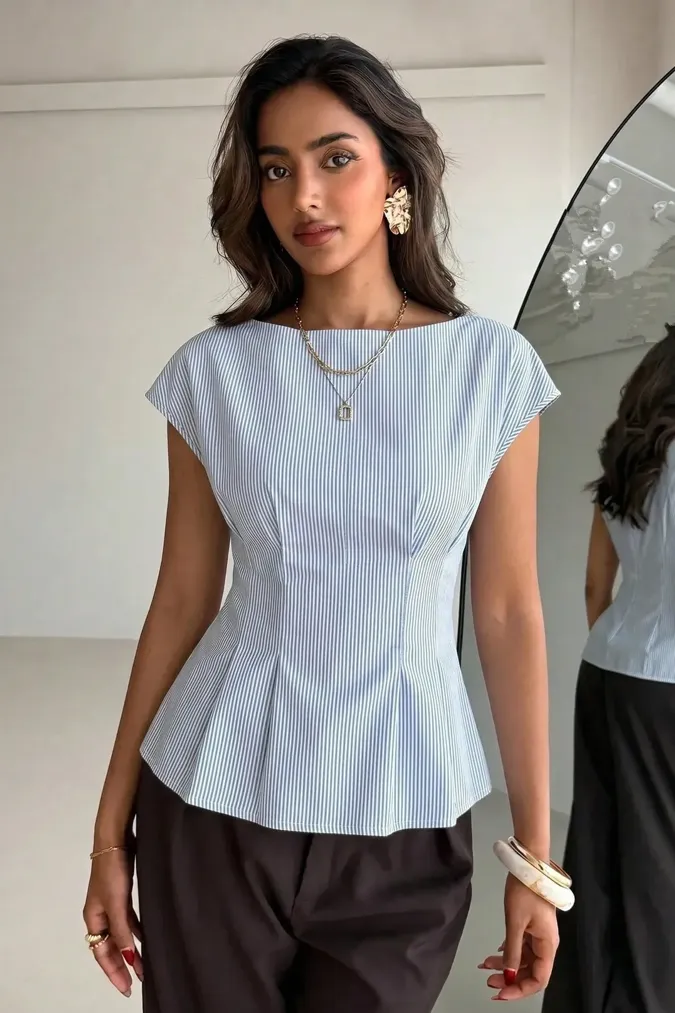 Light Blue Striped Pleated Tops - Image 1