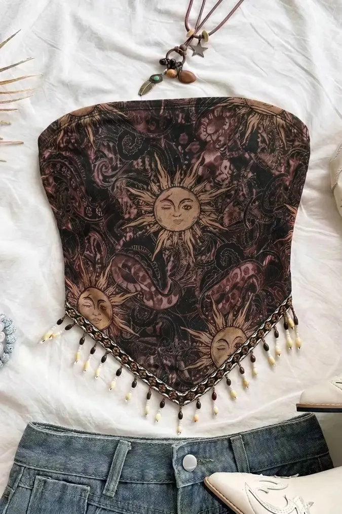Dark Brown Bohemian Tube Crop Top - Image 1