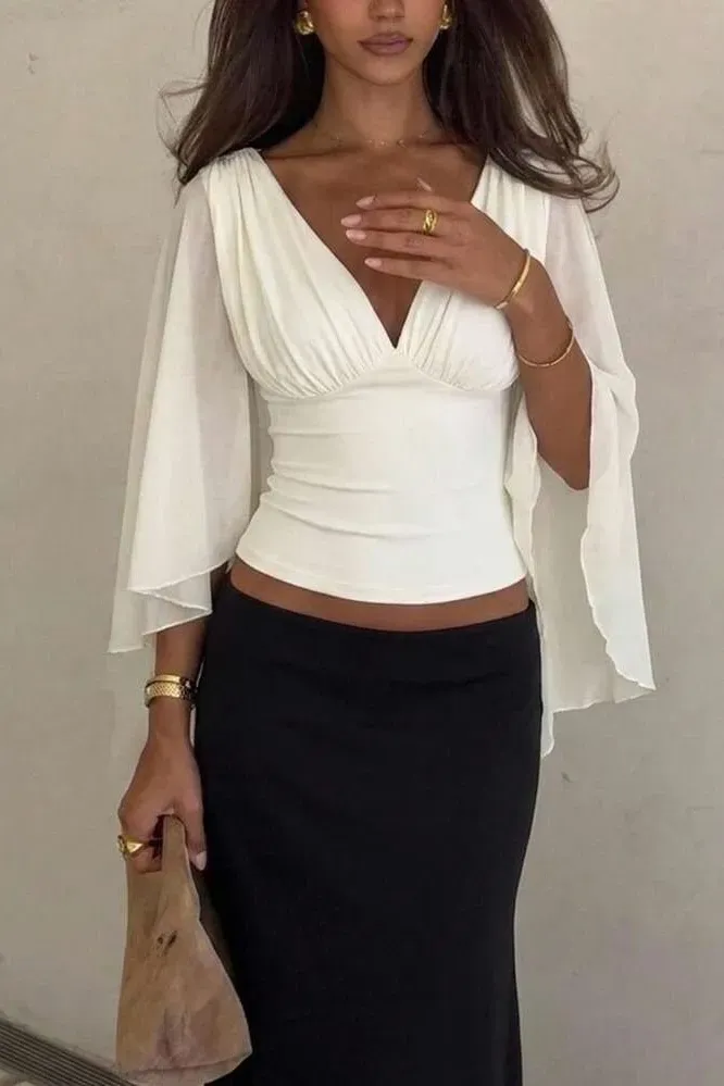 White Ruched V-Neck Top - Image 1