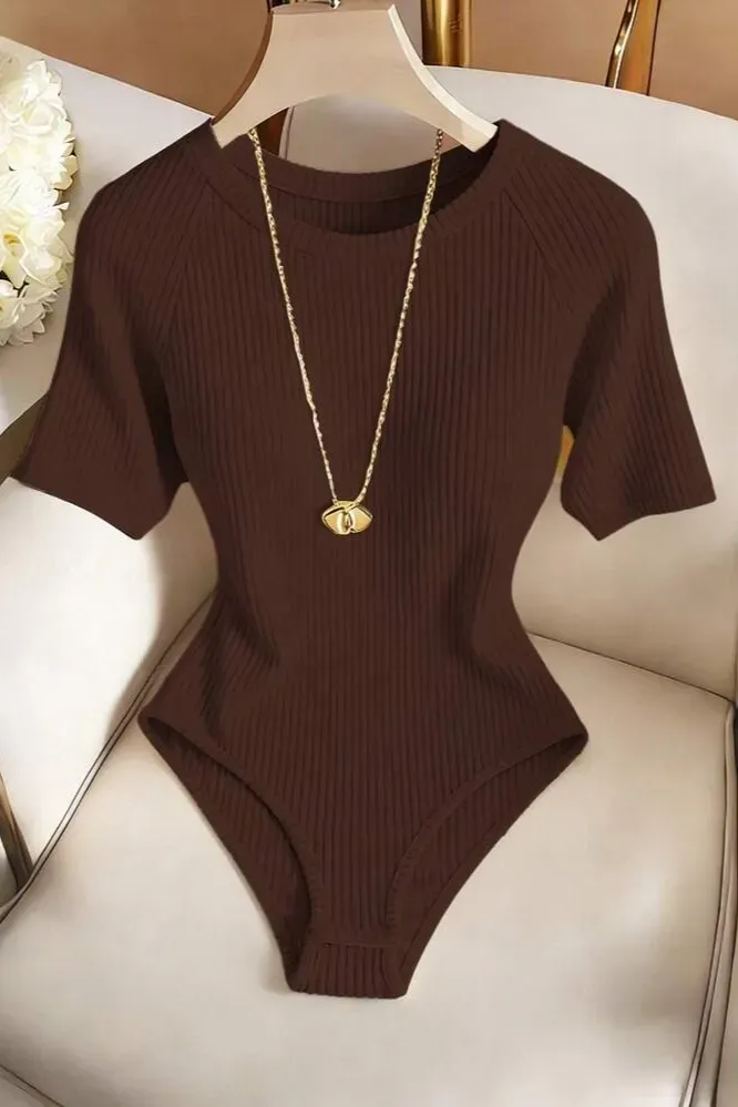 Brown Textured Crew Neck Bodysuit - Image 1