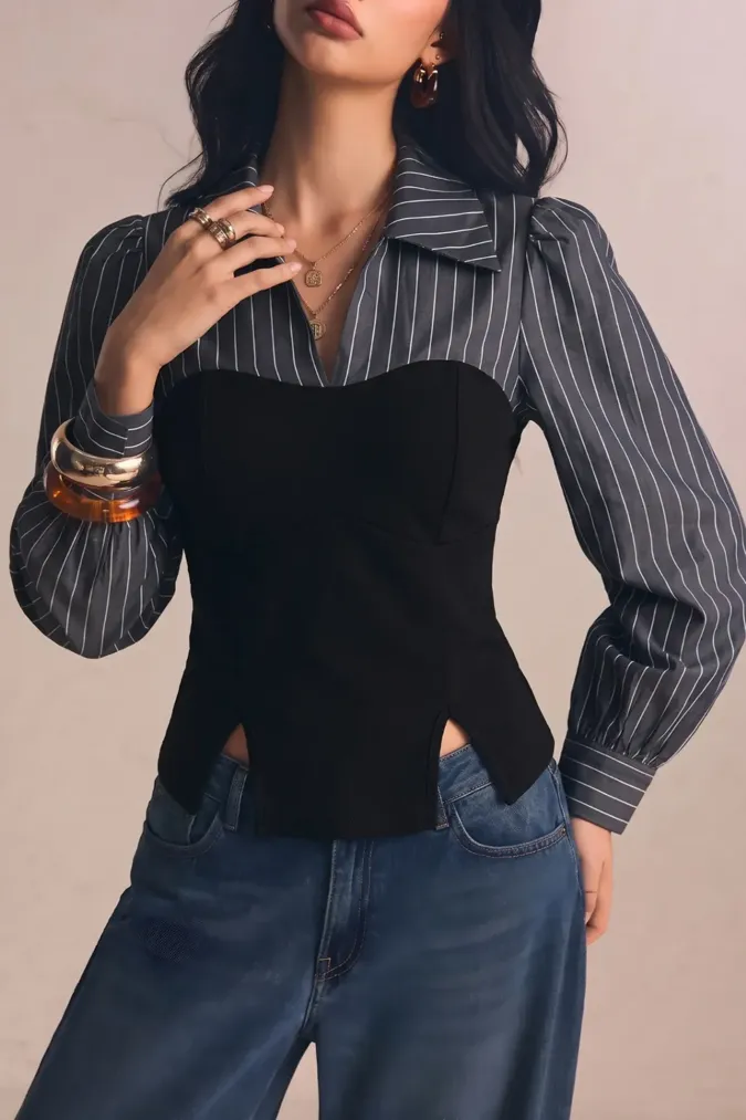 Black Layered Pinstripe Top - Image 1