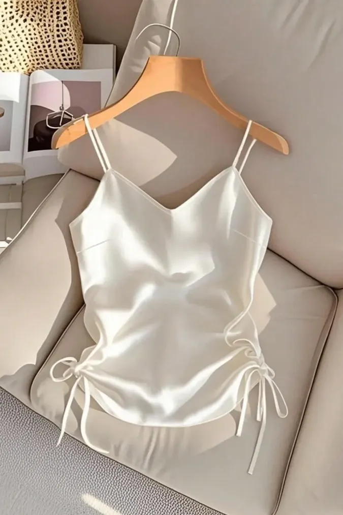 White V-Neck Ruched Top - Image 1