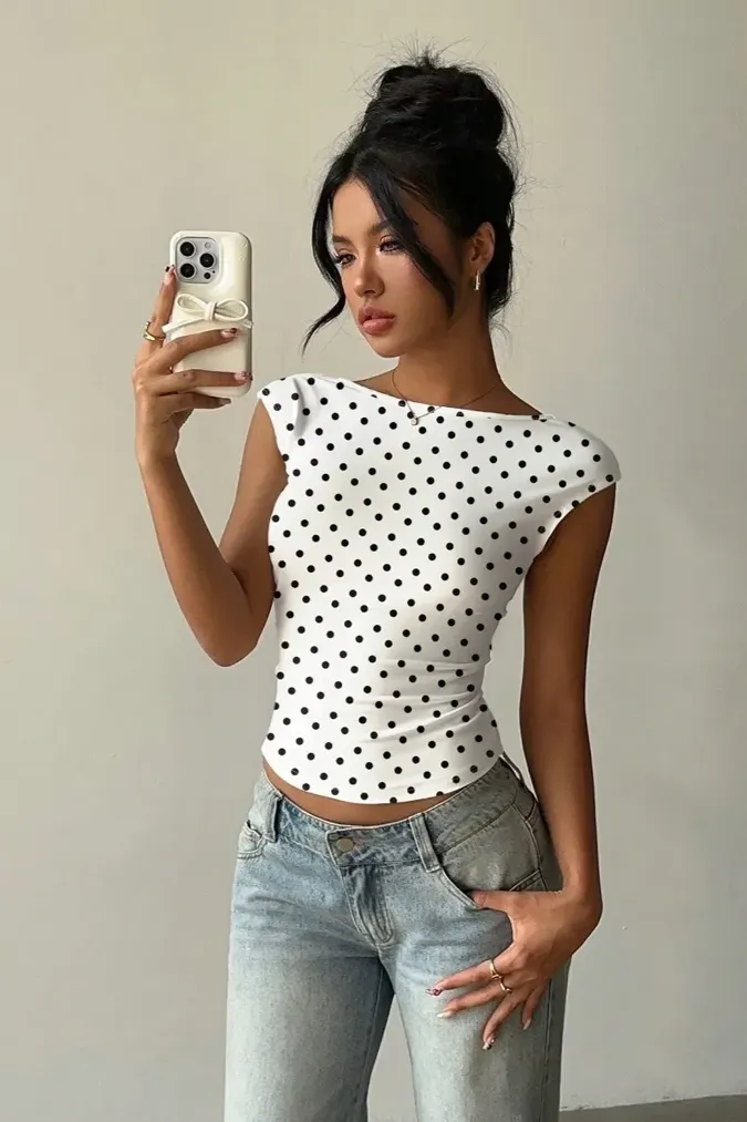 White Backless Polka Dot Crop Top - Image 1