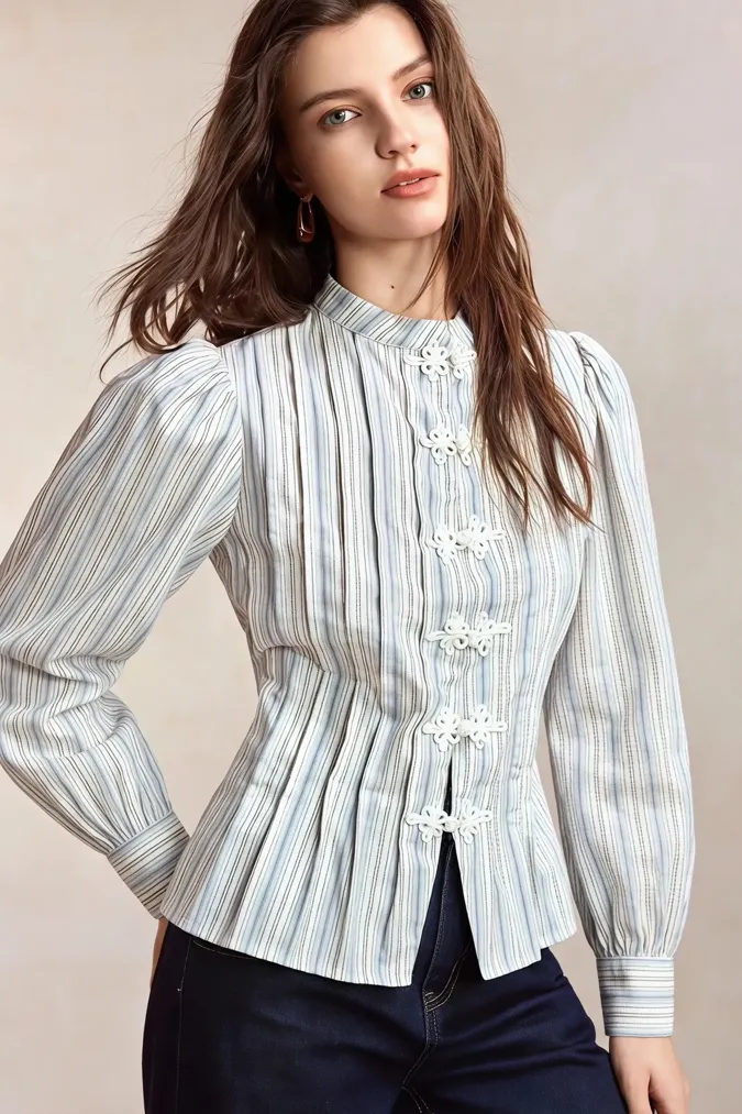 Light Blue Striped Mandarin Collar Shirt - Image 1
