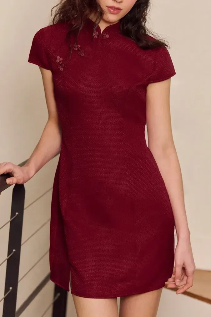Maroon Mandarin Collar Mini Dress - Image 1