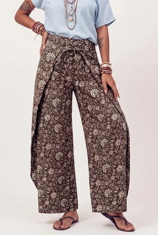 Brown Ethnic Print Wrap Trousers - Image 1
