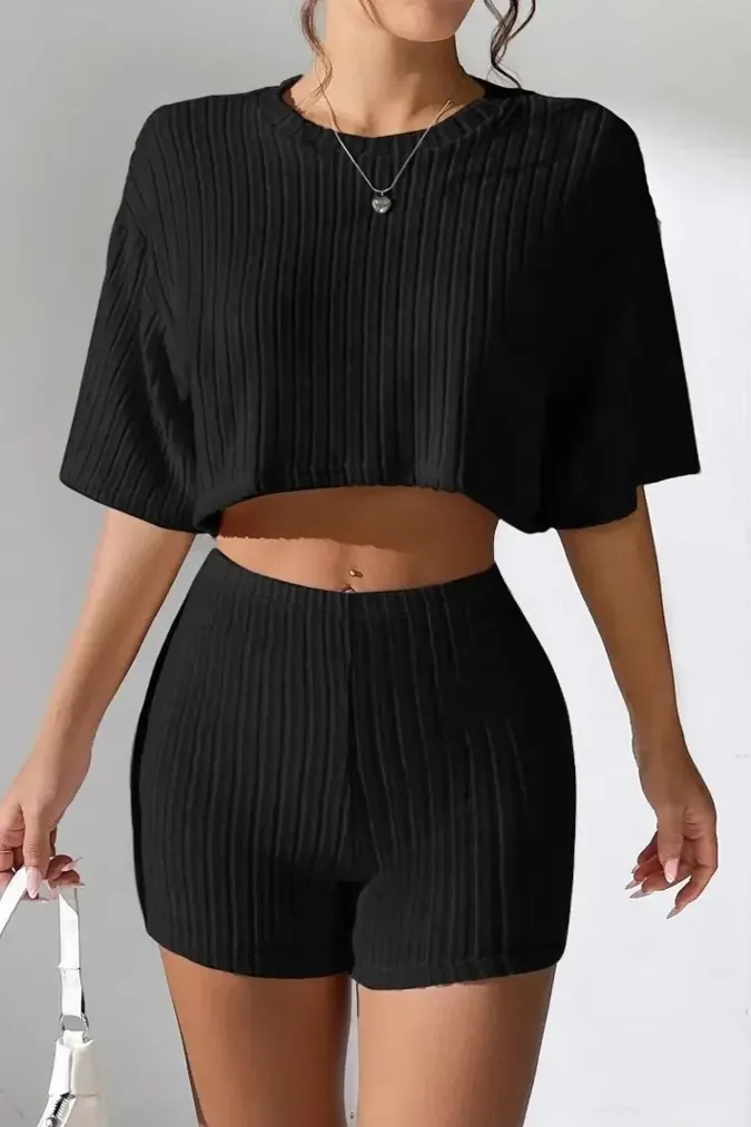 Black Solid Textured Co-Ord Set - Image 1