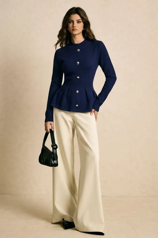 Navy Buttoned Mock Neck Sweater - Image 1