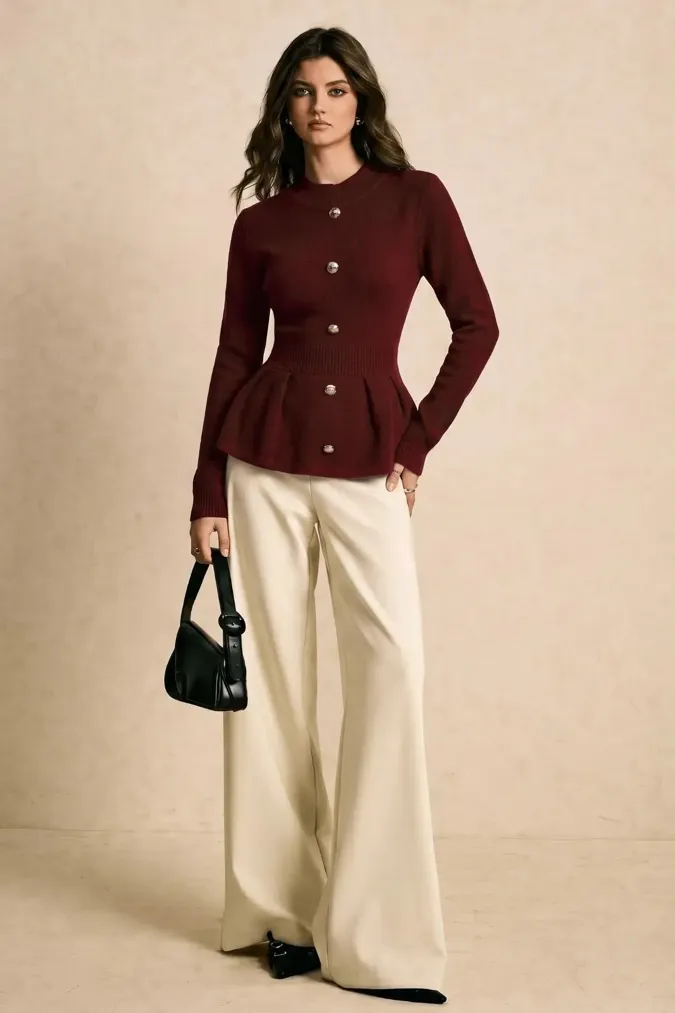 Wine Buttoned Mock Neck Sweater - Image 1