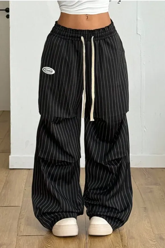Black Pinstripe Drawstring Pants - Image 1