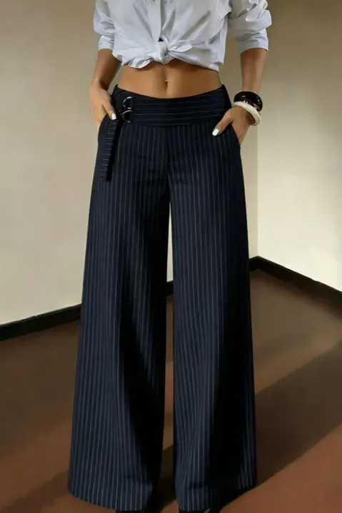 Black Pinstripe Mid Rise Pants - Image 1
