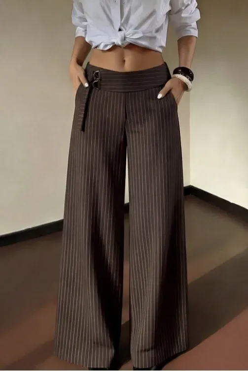 Dark Brown Pinstripe Mid Rise Pants - Image 1