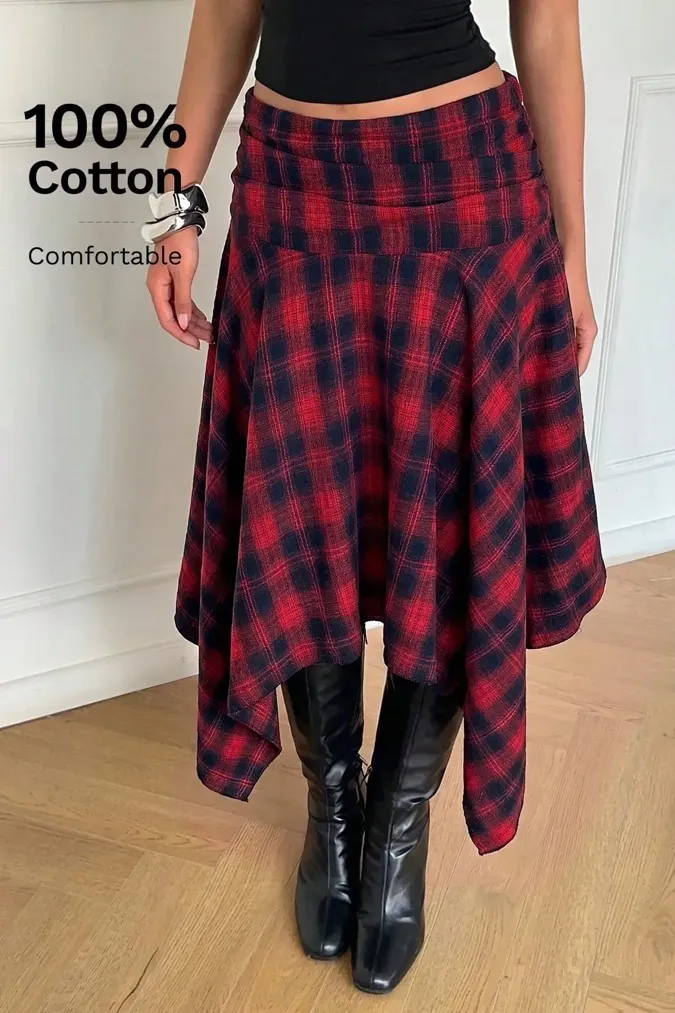 Red Tartan Draped Midi Skirt - Image 1