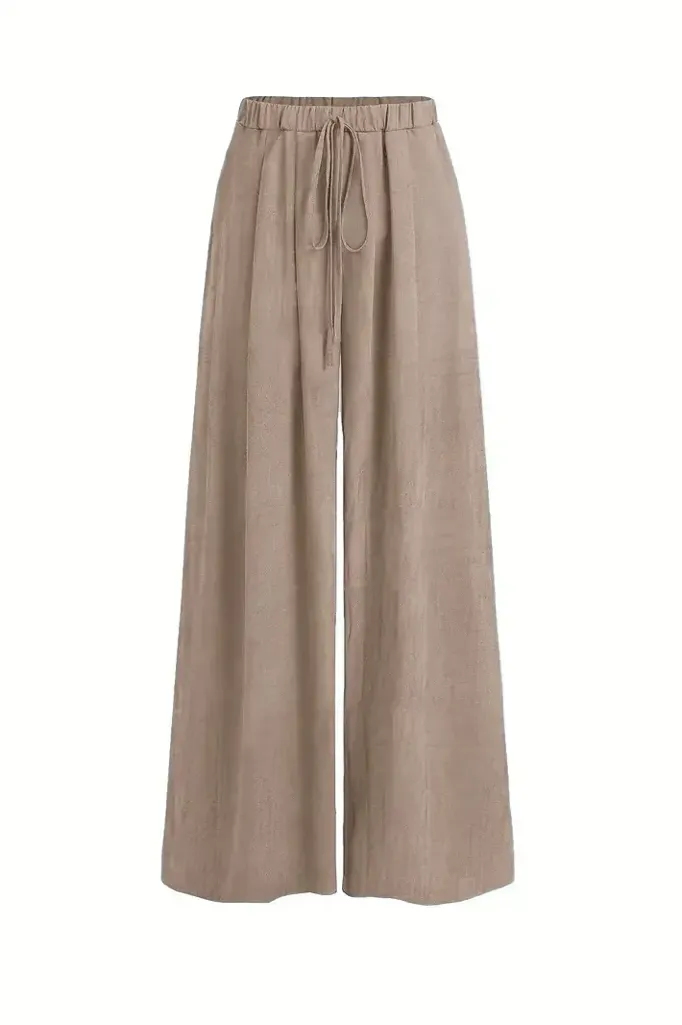 Beige Solid High Rise Pants - Image 1