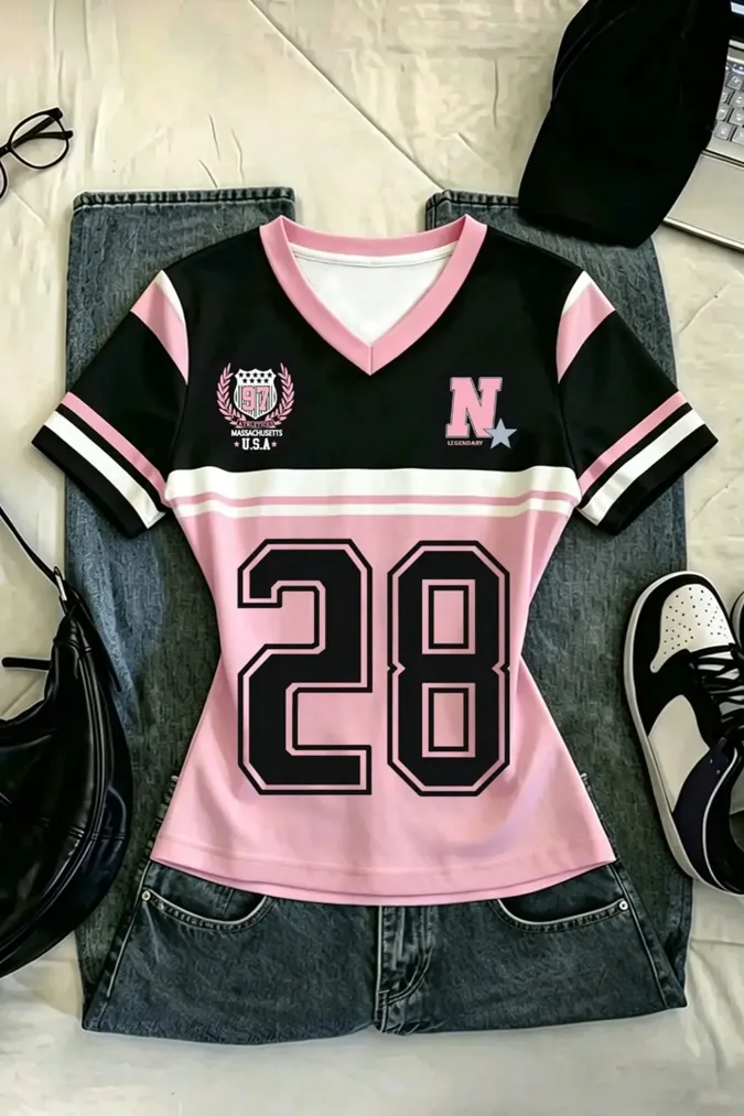 Pink V-Neck Graphic Top - Image 1
