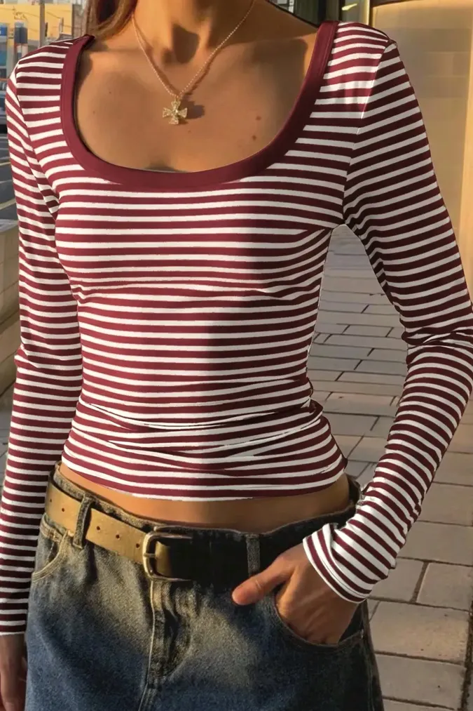 Wine Striped Scoop Neck T-Shirt - Image 1