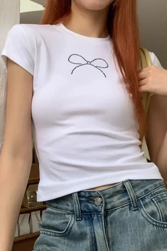 White Rhinestone Bow Crop T-Shirt - Image 1