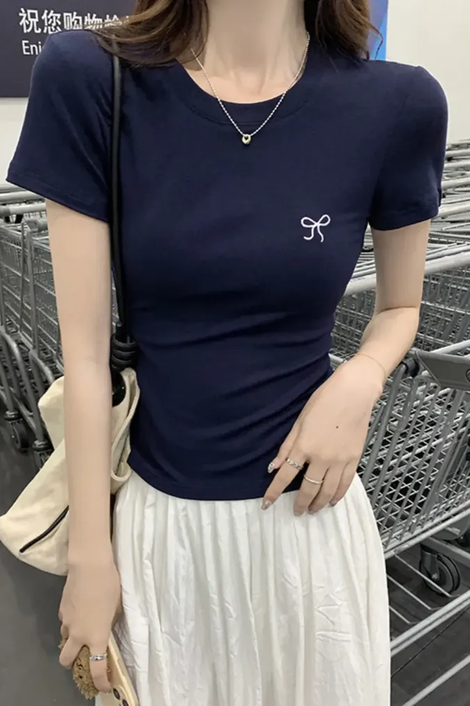Navy Embroidered Bow T-Shirt - Image 1