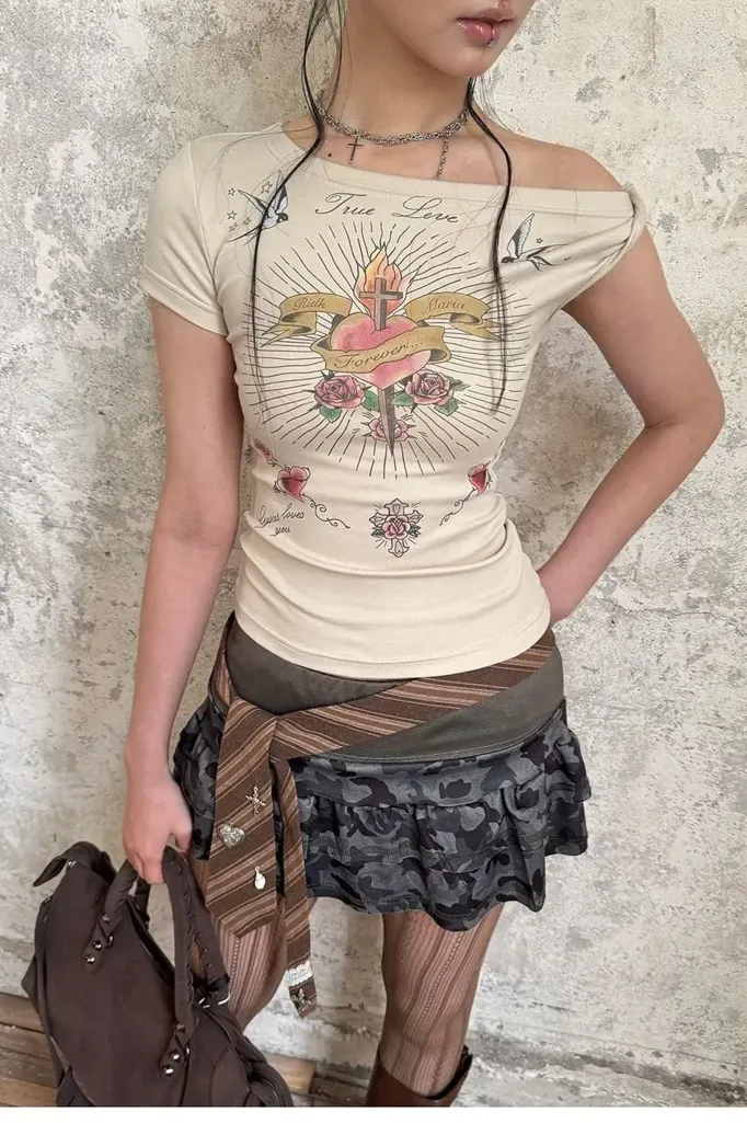 Cream One-Shoulder Printed T-Shirt - Image 1