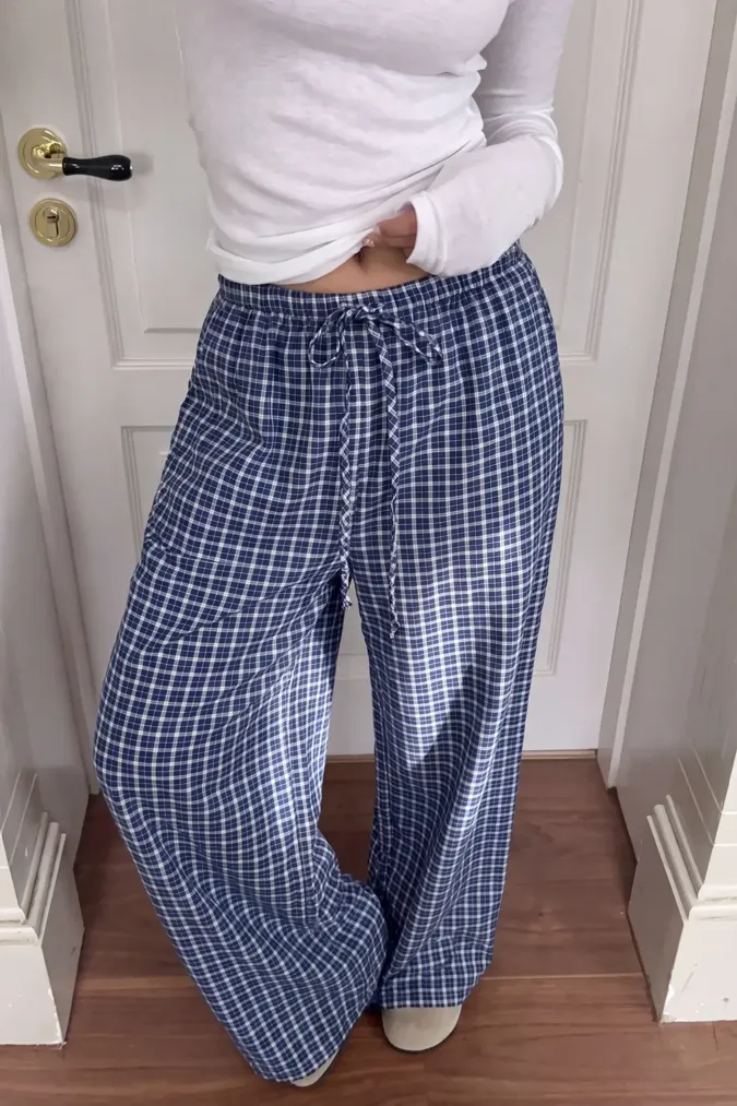 Dark Blue Gingham Mid-Rise Pants - Image 1