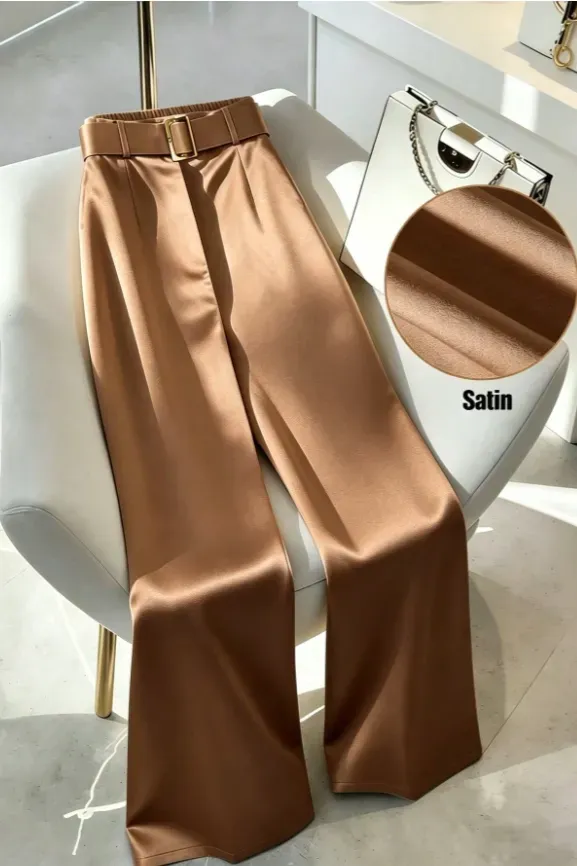 Brown High-Rise Pants With Belt - Image 1