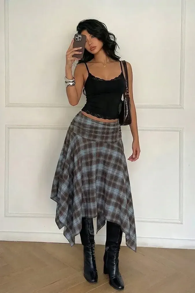 Brown Tartan Draped Midi Skirt - Image 1