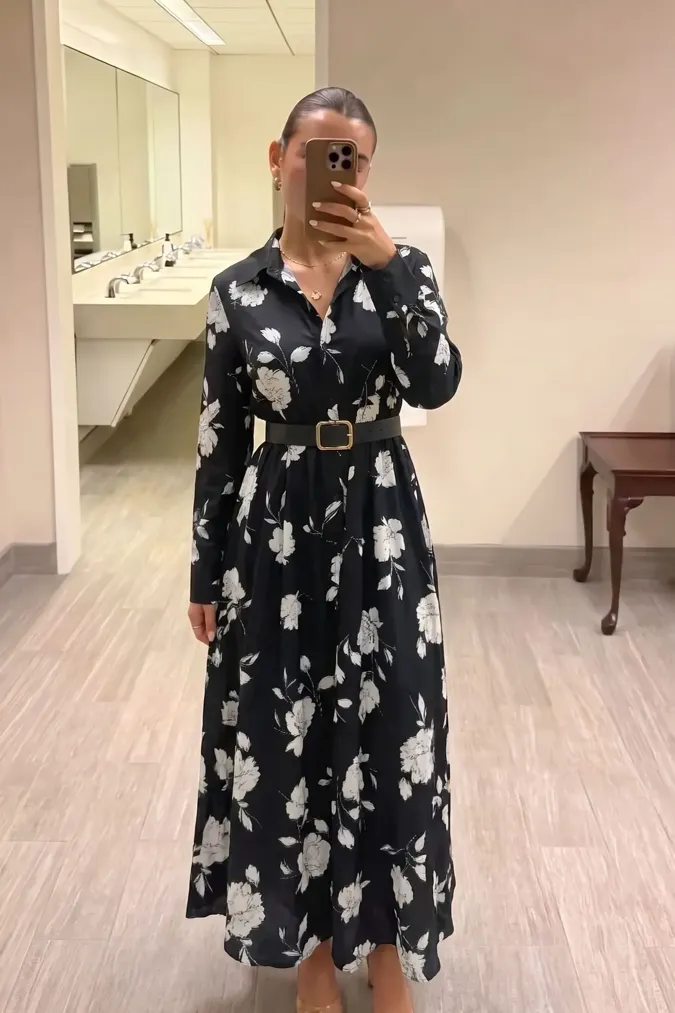 Black Floral Maxi Dress With Belt - Image 1