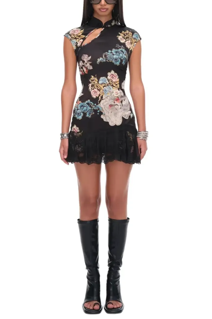 Black Floral Lace Mini Dress - Image 1