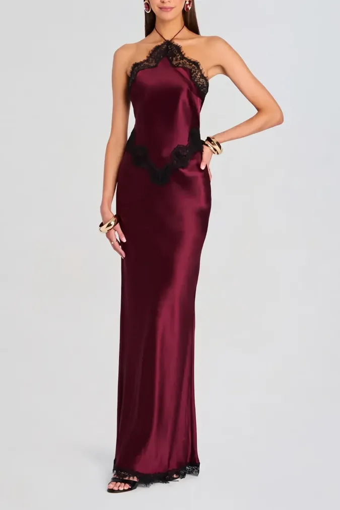 Wine Lace Halter Maxi Dress - Image 1