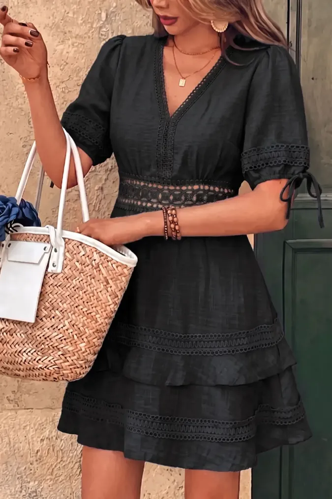 Black V-Neck Lace Mini Dress - Image 1