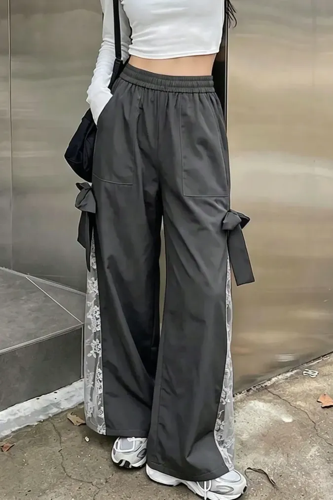 Grey Lace-Insert Mid-Rise Pants - Image 1
