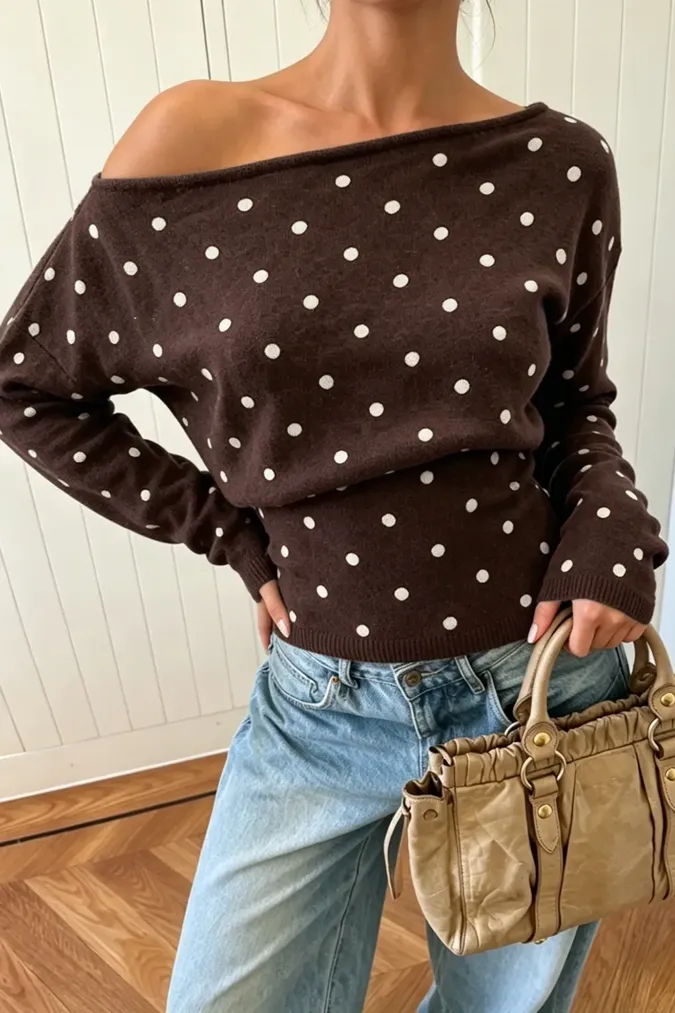 Dark Brown One-Shoulder Sweater - Image 1