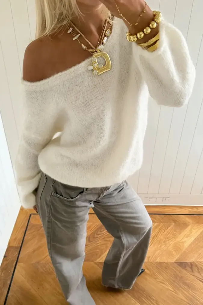 White Solid One-Shoulder Sweater - Image 1