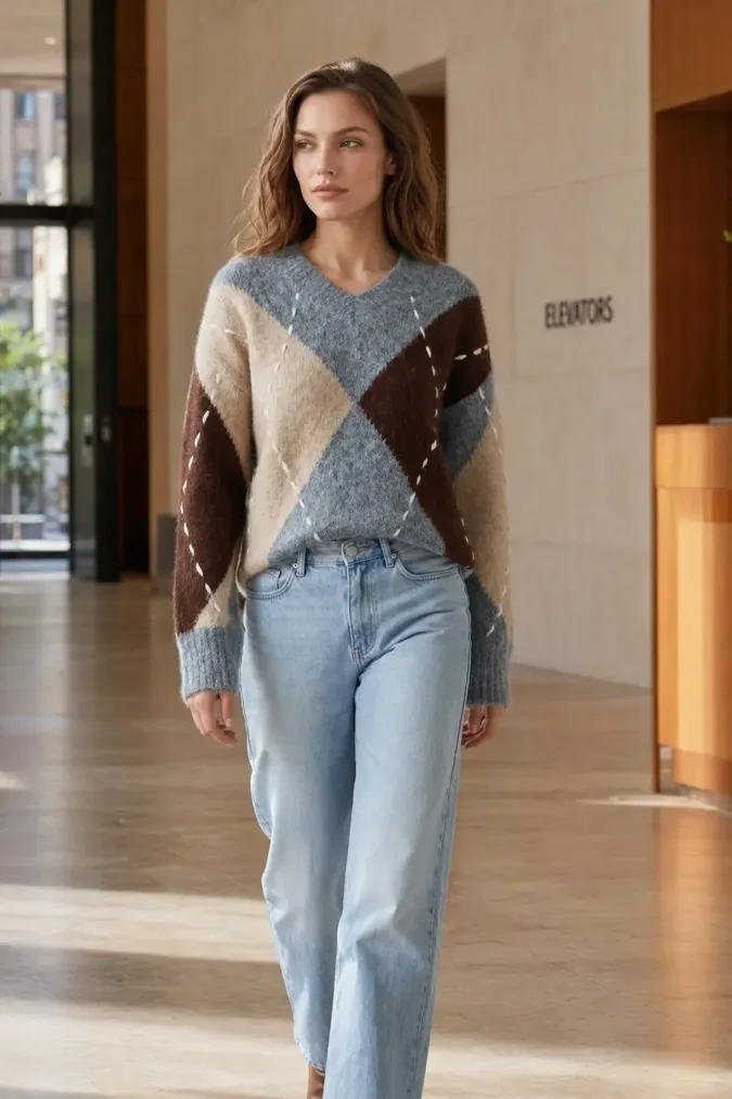 Grey Embroidered V-Neck Argyle Sweater - Image 1