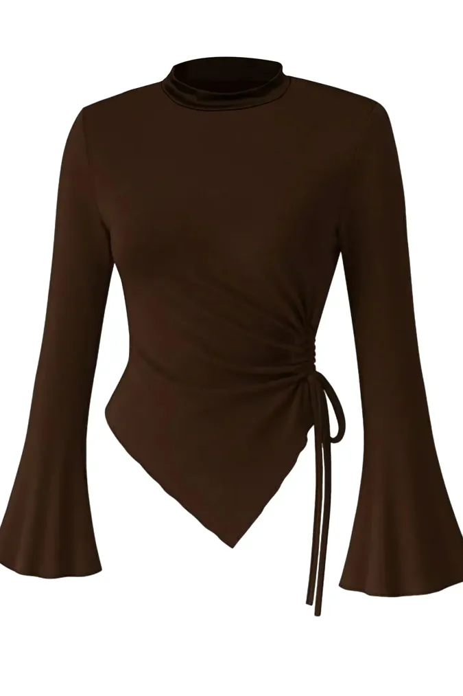 Dark Brown Ruched Mock Neck Top - Image 1